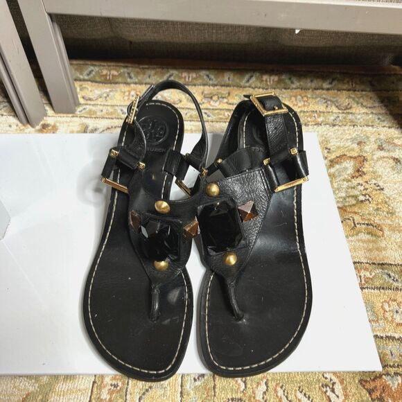 Tory Birch Heeled Sandals Kitten Heel Leather Thong Black Color Size 7 - Picture 1 of 9